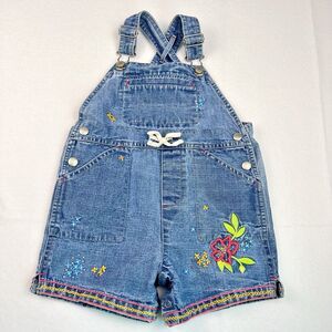 Baby Gap Denim Shortalls Toddler Girl XL 18-24 Denim Floral Embroidered 2001 Y2K